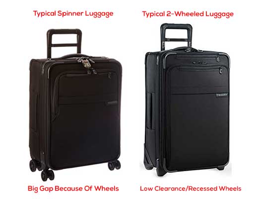 A 4-wheeled spinner suitcase with protruding wheels compared with a 2-wheeled suitcase with recessed wheels