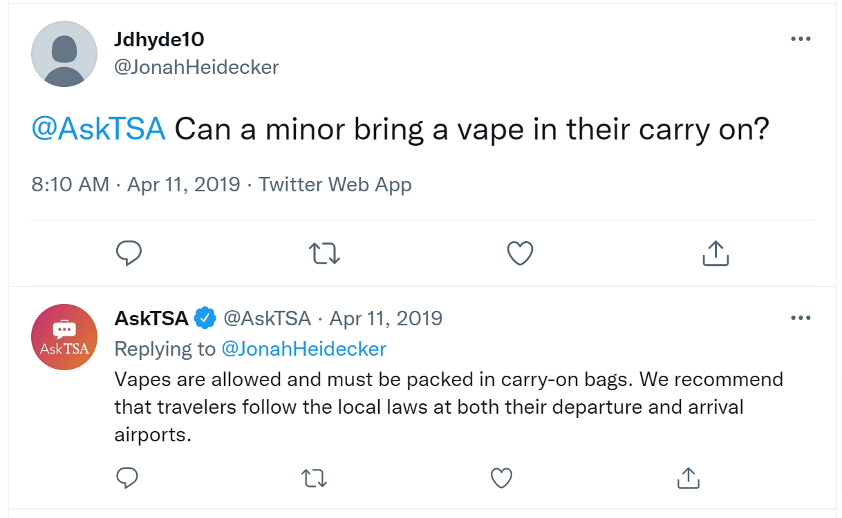 Can you bring a vape on a plane under 21